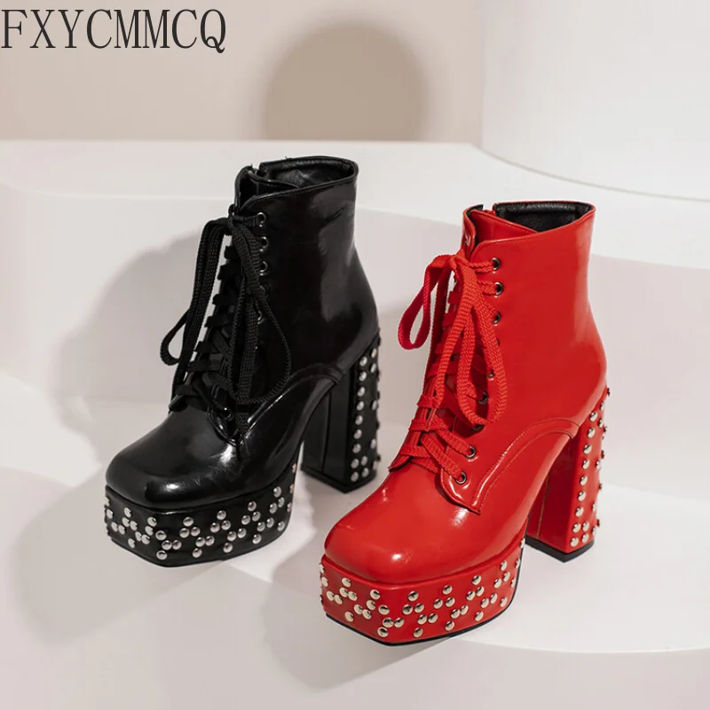 FXYCMMCQ/2022 г. Нови модни дамски обувки на висок ток с квадратна глава и нитове, чубрица обувки Martin за Подиум 022-15 3