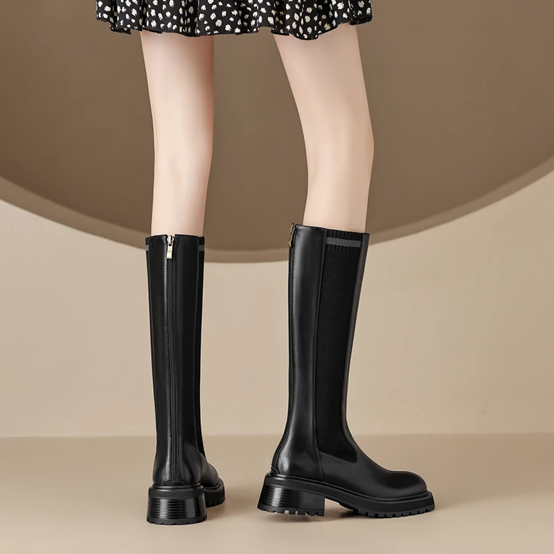 ASUMER/новост 2023 г., размери 34-42, модни дамски обувки на платформа от естествена кожа, зимни дамски ботуши до коляното, обувки на дебел висок ток 3