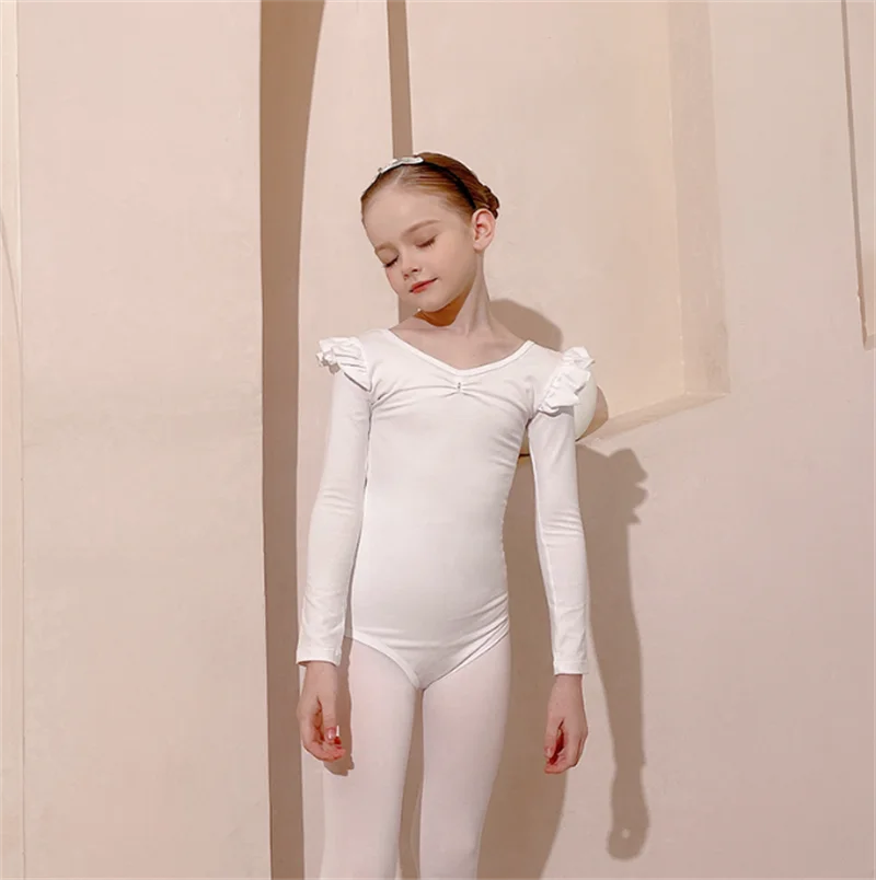 Бяла детска модерен балет дрехи с дълъг ръкав за изказвания, дрехи за страхотни танци за момичета, Цели облекло 4