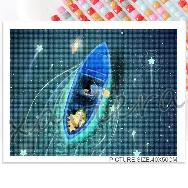 5D Картина на Диамантена Луна Stellar Нощна Сцена Мультяшная Бродерия Дете Лодка Планински Кристал, Мозайка Бродерия на кръстат бод за Декор на Детска Стая 4
