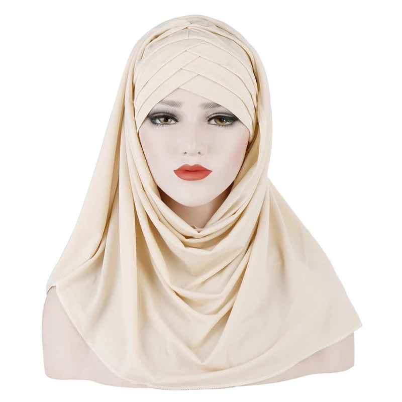 Нова Мода Жените Мек Прост Памук Челото Кръстосани Коса Амбалажна Хартия Шал От Плътен Цвят Hijabs Мюсюлмански Тюрбан Шалове 4