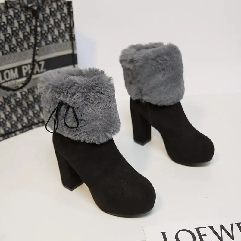 Зимните плюшени обувки големи размери; сезон есен-зима; новост 2023 г.; черни дамски Обувки; Запазване на топлина обувки на дебелите ток; Bottes De Neige En Peluche 4