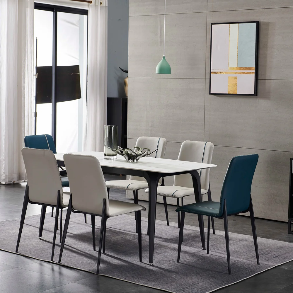Луксозен Европейски Модерен Дизайн, Кожена Сив Бял Син Стол за Хранене Комплекти от 6 Стола Ресторант на Хотела Столове за Трапезария 4
