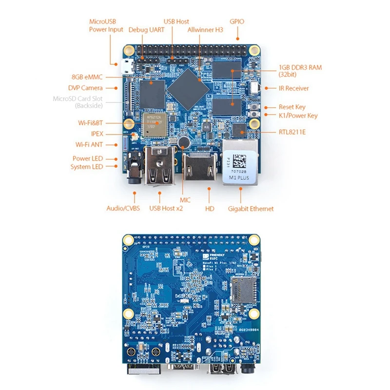 За Nanopi M1 Plus Allwinner H3 Четириядрен процесор Cortex-A7 1 GB оперативна памет DDR3 + 8 GB EMMC Gigabit LAN, Wifi, Bluetooth Такса развитие 4