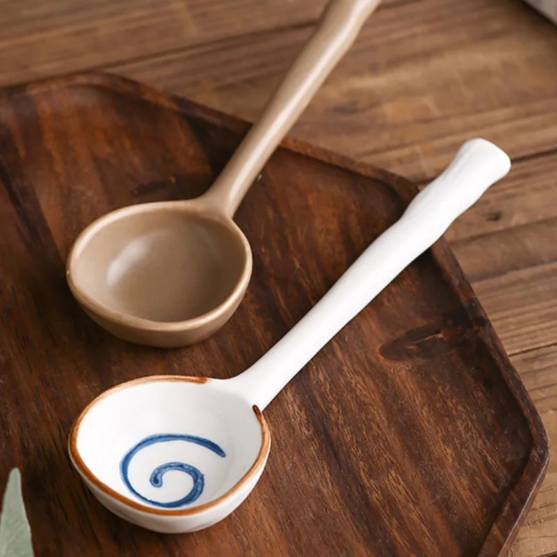 Ins Стил Керамична лъжица за супа в японски стил, керамична лъжица, Лъжица с дълга дръжка, Битови сладки творчески Лъжици ориз 4