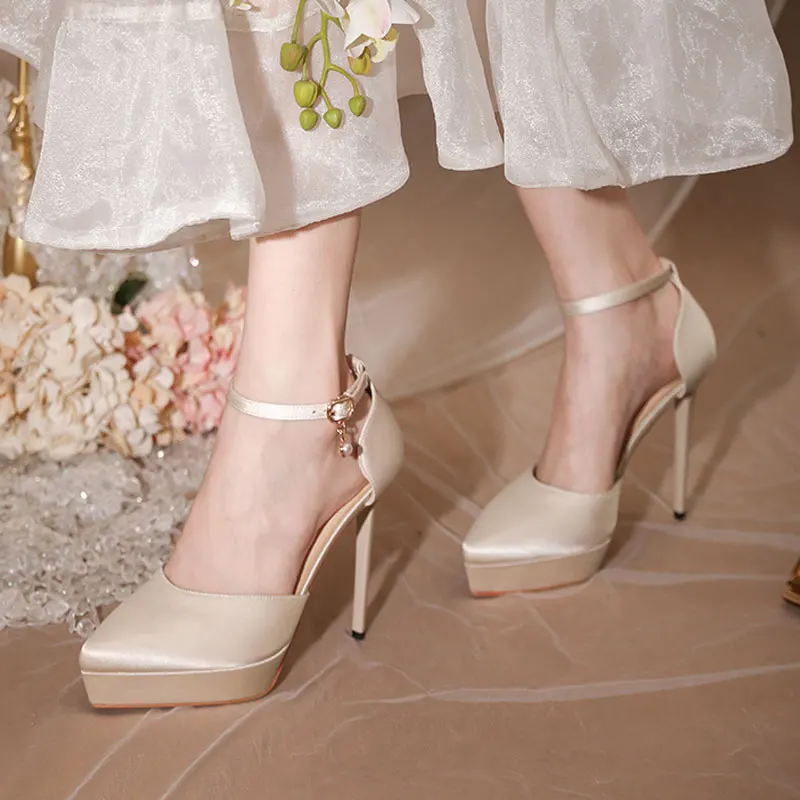 Женските сватбени обувки с каишка на щиколотке на една пуговице, Новост 2022 година, обувки-лодка на висок ток 12 см цвят шампанско, водоустойчив Сандали за булката в платформата 4