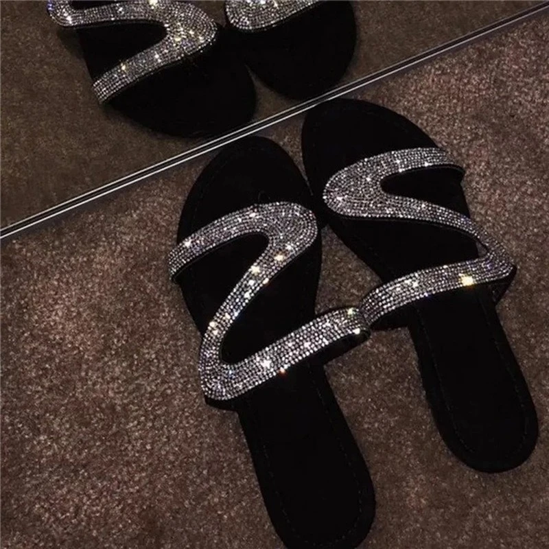 Дамски блестящи чехли с кристали, големи размери, Нескользящие Римски чехли на равна подметка, улични Сандали на равна подметка, Директна доставка от 2021 4