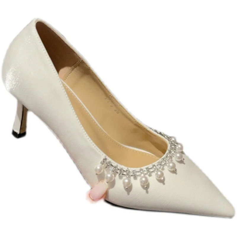 Сатен шик перли Кристални сватбени обувки женски помпи малка ивица на мъниста нокти с остър нос обувки на високи токчета, Обувки дамски гореща 4