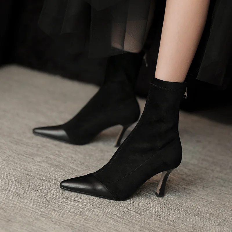 Обувки с еластични чорапи в стил ретро, дамски есенни и зимни Нови Модни тънки ботуши с цип с остри пръсти, зашити дамски обувки на висок ток 4