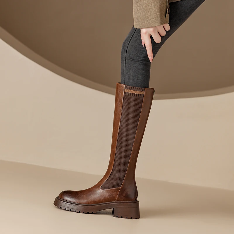 ASUMER/новост 2023 г., размери 34-42, модни дамски обувки на платформа от естествена кожа, зимни дамски ботуши до коляното, обувки на дебел висок ток 4