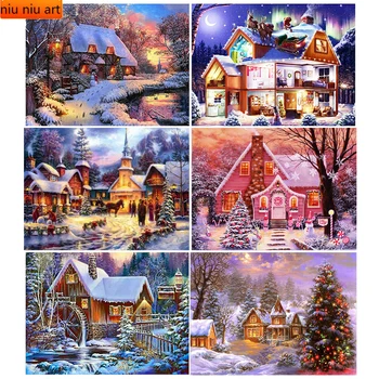 5D Диамантена Картина на Зимна Къща Снежна Сцена Пълна Тренировка Мозайка САМ Диамантена Бродерия Пейзаж Изкуство Коледен Начало Декор Подарък 0