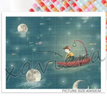5D Картина на Диамантена Луна Stellar Нощна Сцена Мультяшная Бродерия Дете Лодка Планински Кристал, Мозайка Бродерия на кръстат бод за Декор на Детска Стая 3