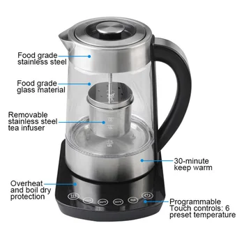 6 Вградени Температура 1.7 Л Цифров Стъклен кафемашина с Подвижна устройство за заваряване на чай от неръждаема стомана 3