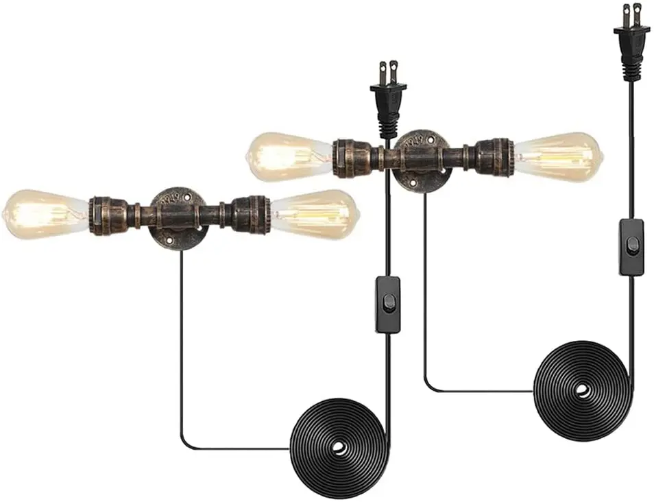 E26 Ретро Стенен лампата на Едисон, монтиран на стената лампа с 2 Лампи, Промишлен Метален Водопровод, монтиран на стената Лампа с златисто Ръжда, Запушалка за халба бира В Кор 5