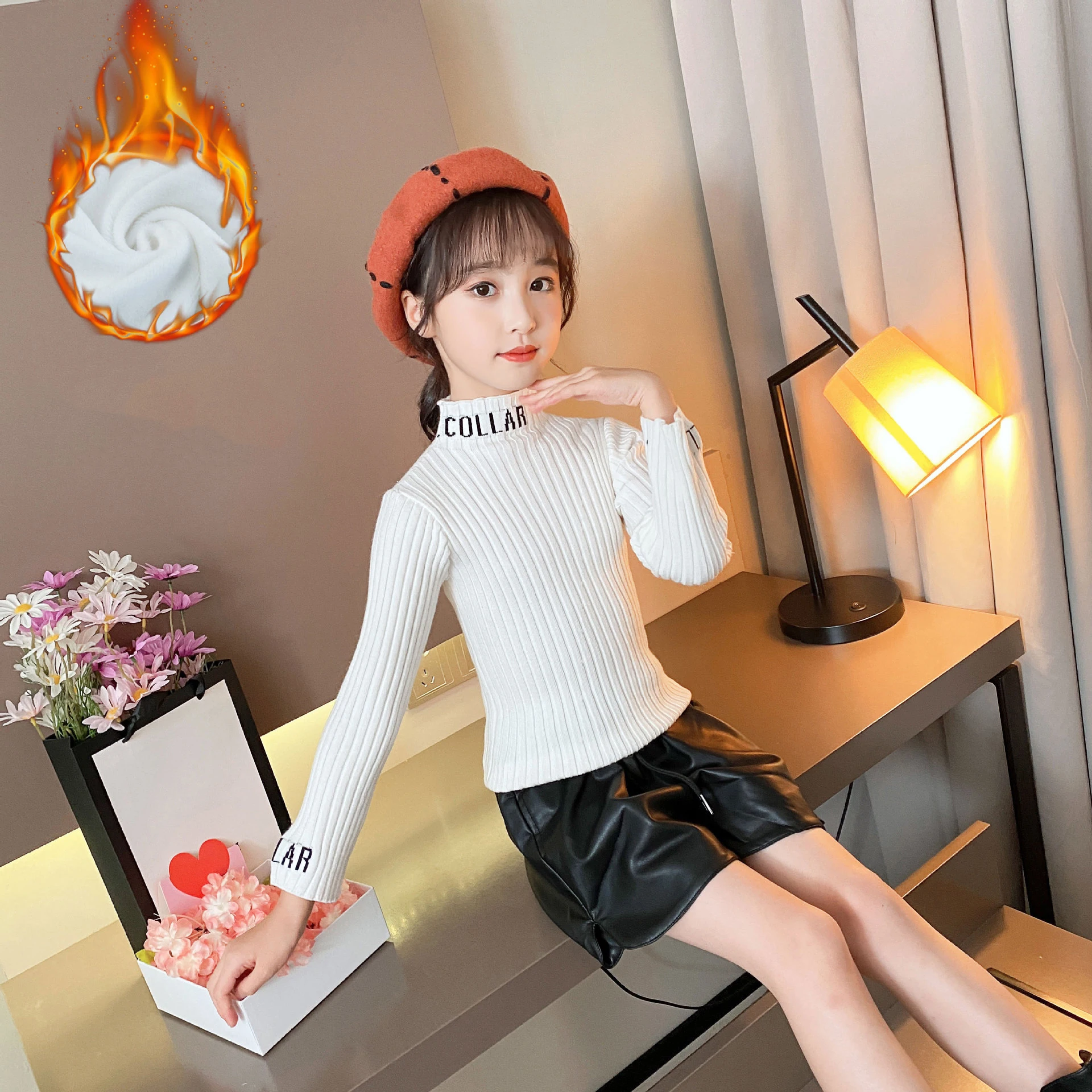 Нова есенно-зимния Вязаный пуловер за момичета корейската версия с Дебел полувысоким яка и дълги ръкави 5