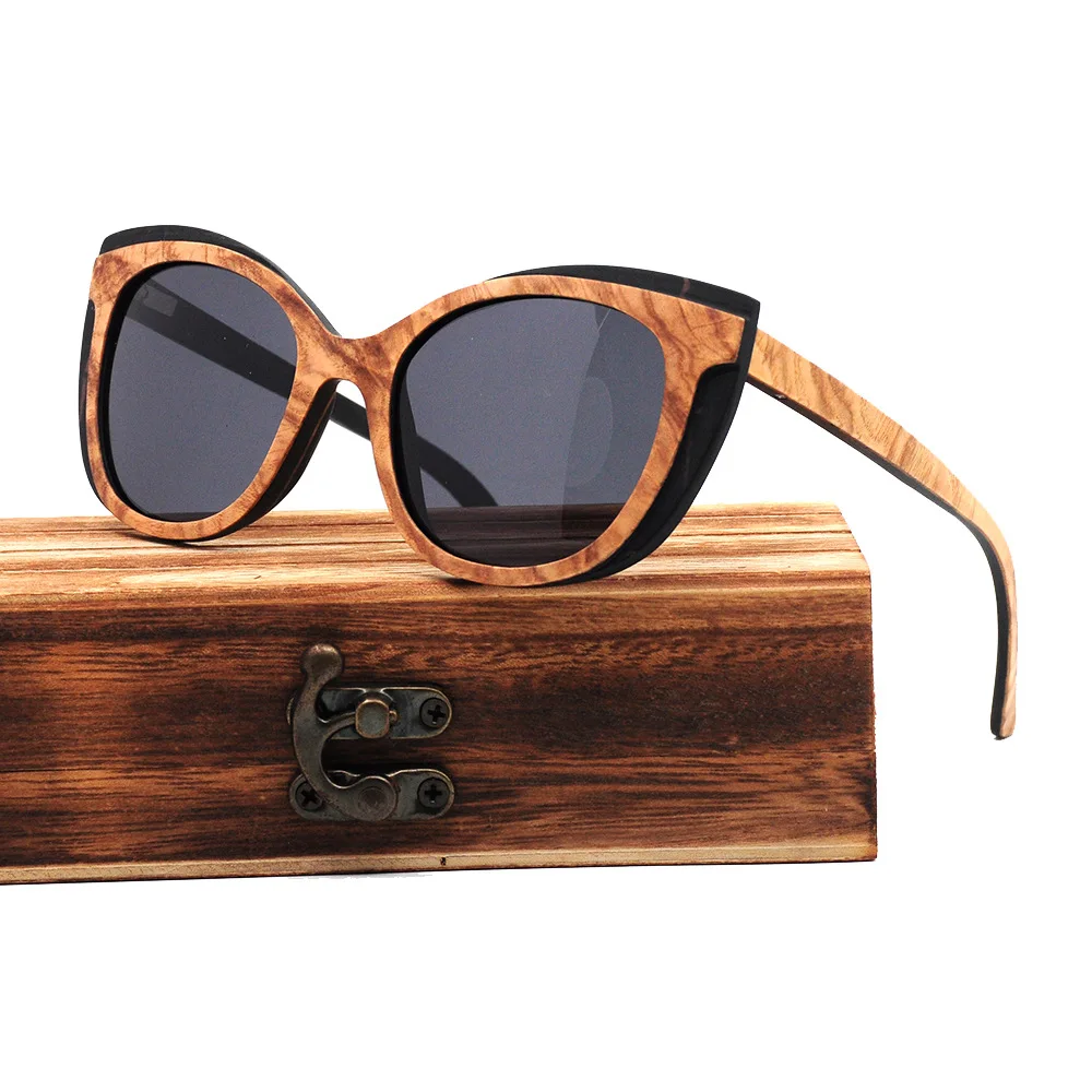 Двуцветен Дървени Vintage Слънчеви Очила Ретро Котешко Око Луксозни Дизайнерски Слънчеви Очила на Жените и Мъжете Поляризирани Лещи Чиния Козирка UV400 5