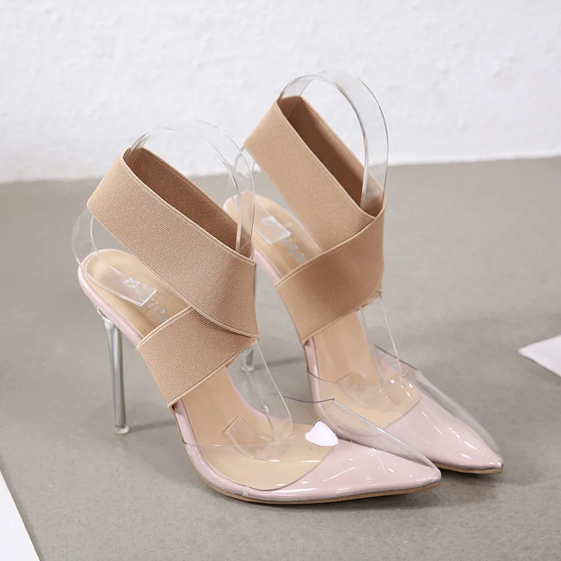 MHYONS/2019 г. Лаконичен дамски сандали от PVC Прозрачно Прозрачно Стъкло На Тънък Висок Ток с остър пръсти, без съединителни Дамски обувки Кайсиев цвят 5