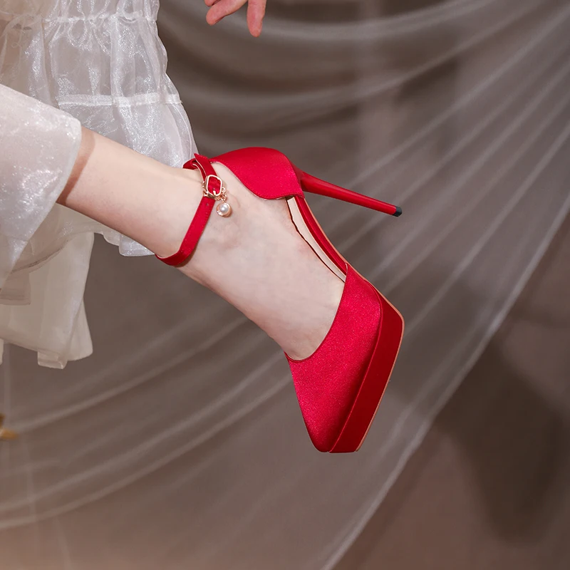 Женските сватбени обувки с каишка на щиколотке на една пуговице, Новост 2022 година, обувки-лодка на висок ток 12 см цвят шампанско, водоустойчив Сандали за булката в платформата 5