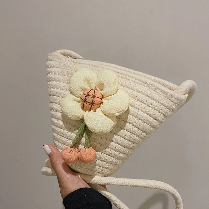 Нова памучен конец тъкани мини кофа Чанти лятна мода цвете на едното рамо чанта дамски почивки торба слама 5