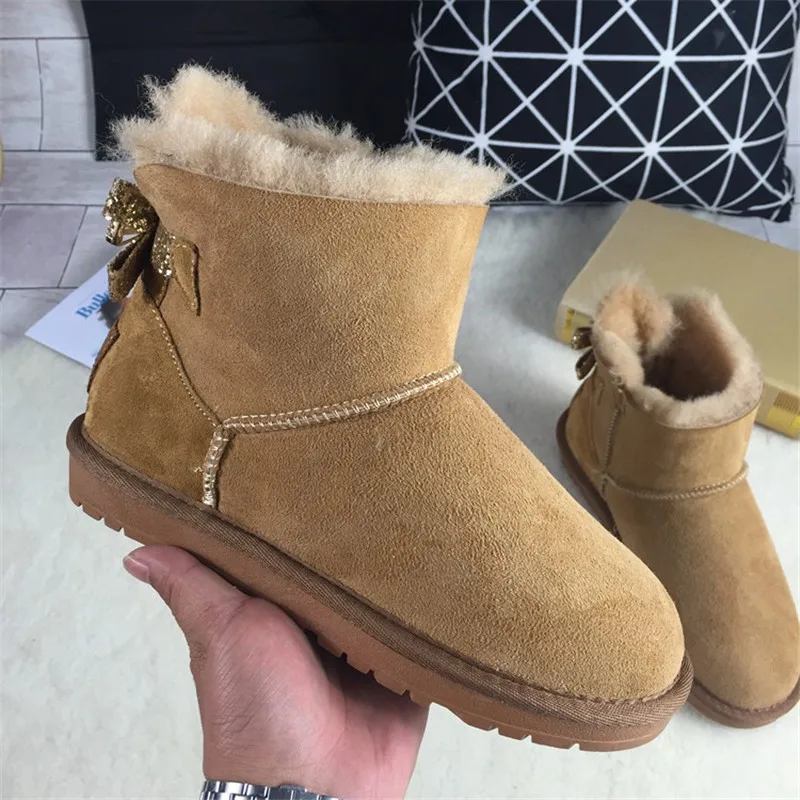 2022, по-големи Размери, дамски зимни класически зимни ботуши от естествена овча кожа, Блестящ лък, дамски обувки от естествена овча кожа, дамски обувки 5