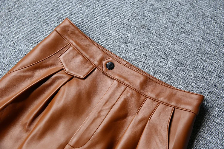 Есенни дамски кожени панталони-молив с висока засаждане, модерни ежедневни панталони от естествена кожа C438 5