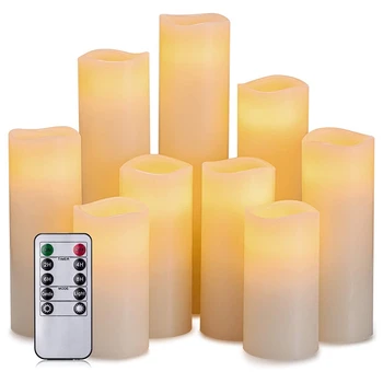 9шт Беспламенная Електронна Свещ Мека Светеща Led Свещ С 10 Бутони за Дистанционно Управление
