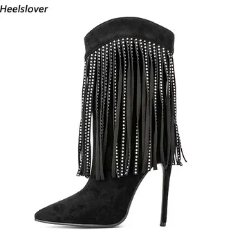 Ahhlsion/Дамски зимни обувки до средата на прасците с пискюли, на тънък ток, с остри пръсти, красиви клубни обувки фуксия черен на цвят, женски размери САЩ 5-13