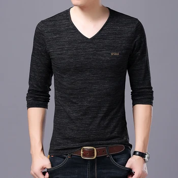 ANASTAS Висококачествен Корейски Тениска с Дълъг Ръкав, Мъжки Дрехи, Нови Модни Маркови Тениски, Мъжки Блузи с V-образно деколте, Уличен Стил 1