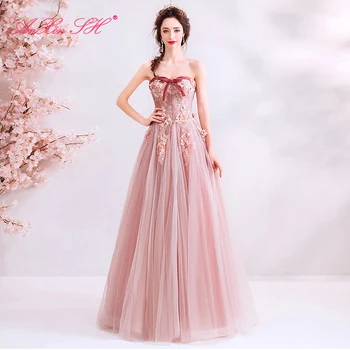 AnXin SH розово дантелено вечерна рокля с лък, луксозен цвете, без ръкави, расшитое мъниста, вечерна рокля с кристали, с плажна вечерна рокля без презрамки 1166