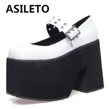 ASILETO/демисезонная дамски обувки; обувки-лодка на висока платформа с квадратни пръсти, за да не сужающемся надолу ток 12,5 см и каишка с катарама; Обикновена лаконичен Големи Размери 34-46