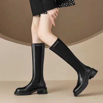ASUMER/новост 2023 г., размери 34-42, модни дамски обувки на платформа от естествена кожа, зимни дамски ботуши до коляното, обувки на дебел висок ток 2
