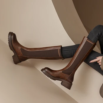 ASUMER/новост 2023 г., размери 34-42, модни дамски обувки на платформа от естествена кожа, зимни дамски ботуши до коляното, обувки на дебел висок ток 5