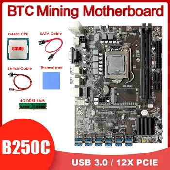 B250C 12 USB3.0 дънна Платка за майнинга БТК + процесор G4400 + Оперативна памет 4G DDR4 + Кабел ключ + Кабел SATA + термопаста LGA1151 DDR4 MSATA + VGA
