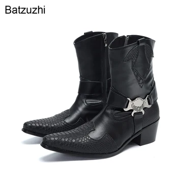 Batzuzhi/Черни Кожени Обувки ръчна изработка, мъжки кожени Каубойски ботуши до средата на прасците на мълния в западен стил; мъжки обувки на ток 6,5 см, с остри пръсти; Zapatos Hombre