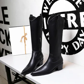 BIGTREE/Новост 2022 г.; модни черни дамски обувки-лодка от изкуствена кожа с остри пръсти без шнур за ниска пета-копыте; модерен дизайнерски ботуши до коляното