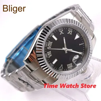 bliger 40 мм Miyota 8215 Автоматични часовници мъжки сребрист водоустойчив датата черен циферблат от сапфир стъкло стоманена Панела b321O