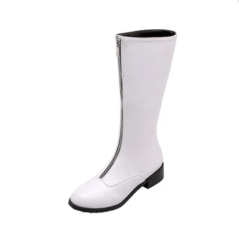 BLXQPYT/Женски-големи размери 32-46, модерен есенно-зимни обувки на средно квадратен обувки с кръгло бомбе и мълнии, ботуши до коляното Кожени обувки 20-25