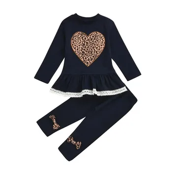 DFXD / 2020 г., Комплекти дрехи за малките момичета, Пролетно Детски Дрехи, Леопардовая тениска със сърца + Панталони, Комплект Дрехи за малките момичета, Памук Комплект дрехи