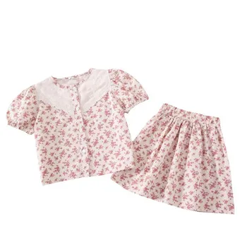 DFXD/Комплект летни дрехи за малките момичета, Костюм на Принцеса от две части, Риза с завързана яка и цветисти принтом + поли, Детски комплекти от 1 до 5 години