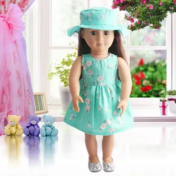 Dongzhur Синя рокля за американската кукла с принтом и шапка, дрехи за кукли и дрехи и 18 инча, Аксесоари за американските кукли, Дрехи K5K3