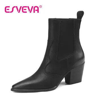 ESVEVA/2023 г., Модни ботильоны от телешка кожа без шнур на дебелите обувки с токчета в британския Благородно стил, Универсална обувки с остри пръсти, Размер 34-42