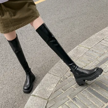 FEDONAS/ дамски ботуши над коляното на платформа и дебел ток от естествена кожа, Популярна Модни дамски обувки на тънък дълъг ток, Есен-зима 3