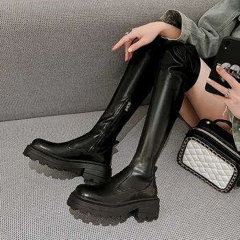 FEDONAS/ дамски ботуши над коляното на платформа и дебел ток от естествена кожа, Популярна Модни дамски обувки на тънък дълъг ток, Есен-зима 5