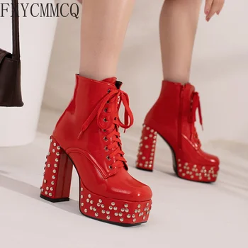FXYCMMCQ/2022 г. Нови модни дамски обувки на висок ток с квадратна глава и нитове, чубрица обувки Martin за Подиум 022-15 0