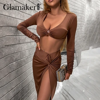 Glamaker, костюми от 2 теми, съкратен потник с V образно деколте и дълъг ръкав и пола миди с висока цепка, комплекти, Бельо секси вечерна клуб, елегантна рокля