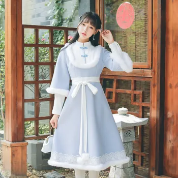 Hanfu element, женски вълнена дълга рокля в китайски стил, зимата рокля на Принцеса за чай, сладка рокля в стил лолита
