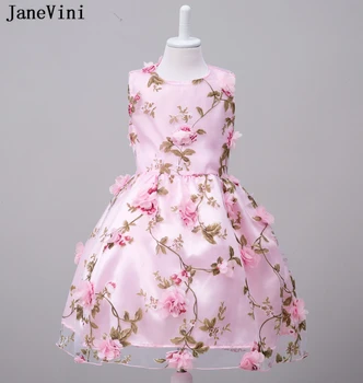 JaneVini/ Очарователни Розови Къси Рокли с цветя модел за Момичета 2019 г., Бална Рокля на Принцеса с 3D Цветя, Празнична Рокля за Момичета, Сватбената Рокля на Цветя Модел