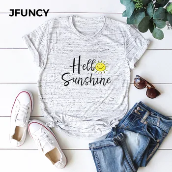 JFUNCY Здравей Sunshine Лятна Памучен Тениска С Писмото Принтом, Женска тениска с Къс ръкав, Дамски Тениски, Ежедневни дамски Основни Върхове
