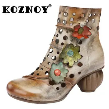 Koznoy/Новост; Дамски обувки 6 см в етнически стил от естествена кожа с Цветни Апликации; Лятна кух Дишащи Мокасини; Дизайнерски Обувки