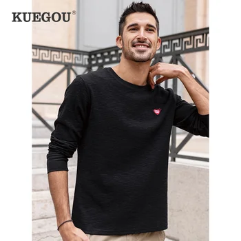 KUEGOU 2022 Пролетно Памучен Однотонная Черно-Бяла Тениска с Принтом, Мъжки t-shirt, Брандираната тениска, тениски с Дълъг Ръкав, Потници Размер Плюс 88130